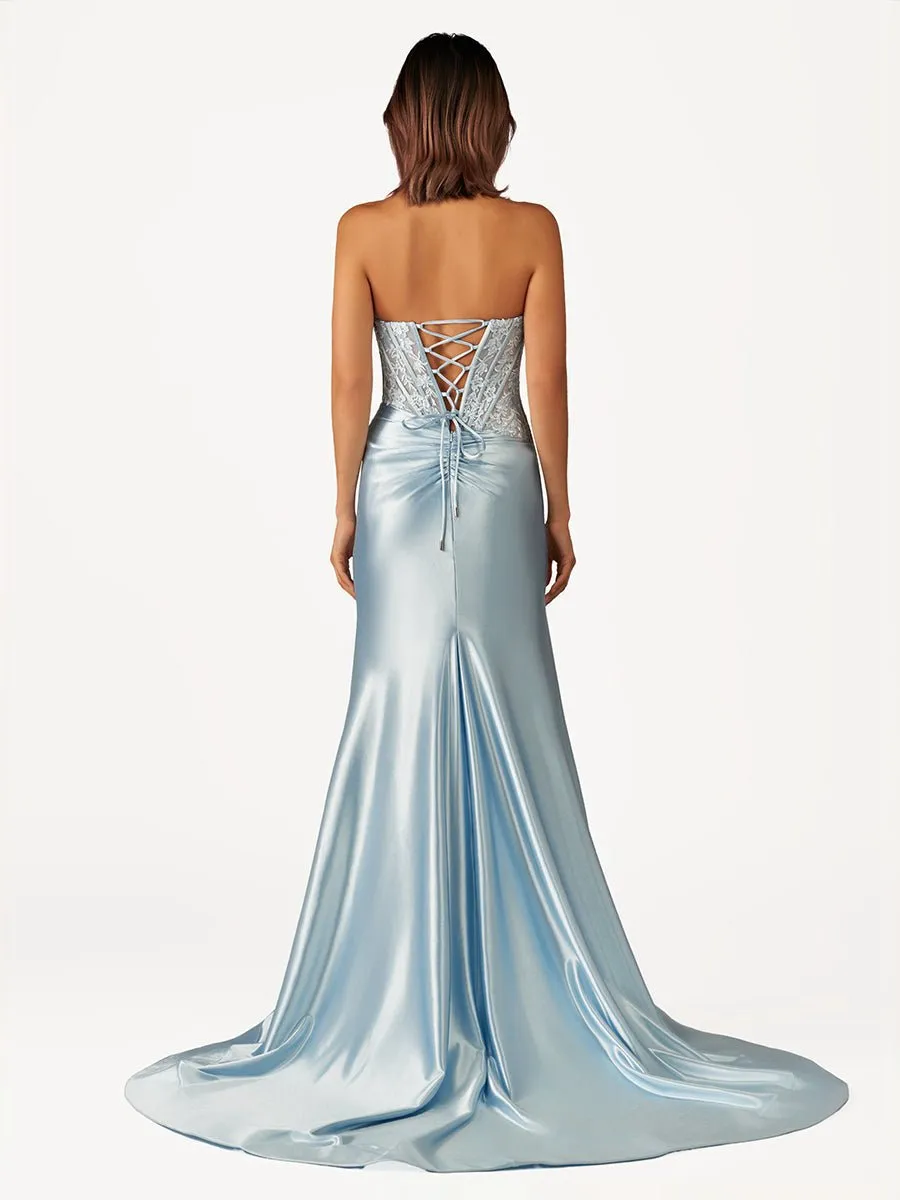 Beaded Strapless Applique Formal Dresses with Slit