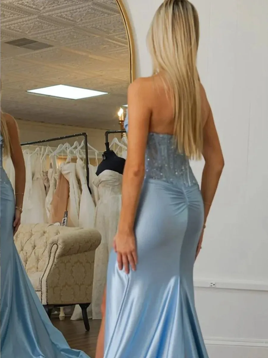 Beaded Strapless Applique Formal Dresses with Slit