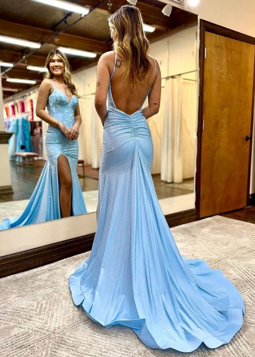 Beaded V Neck Mermaid Long Prom Dresses with Slit