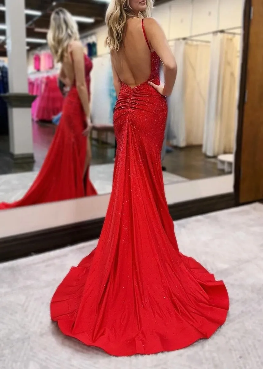 Beaded V Neck Mermaid Long Prom Dresses with Slit