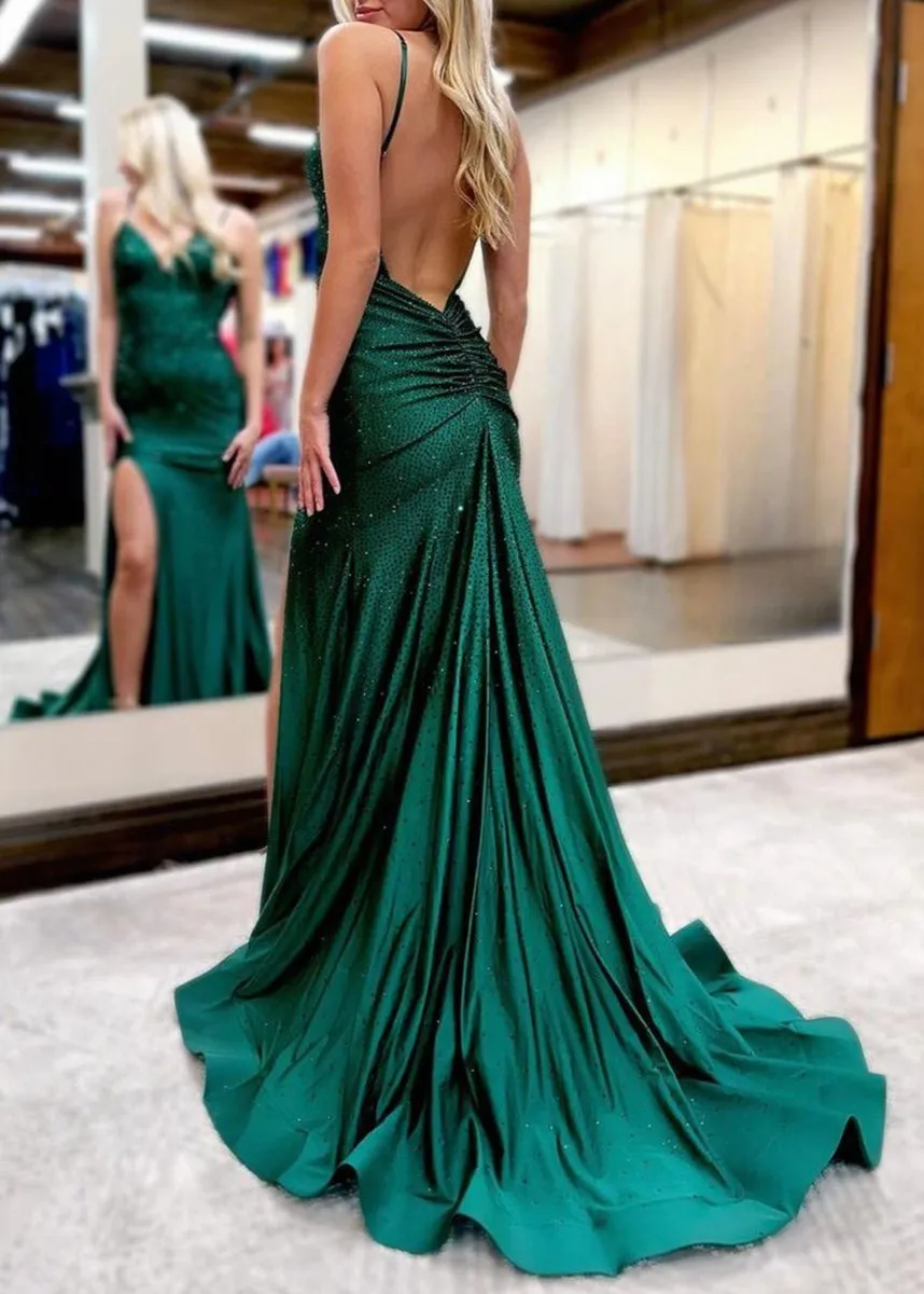 Beaded V Neck Mermaid Long Prom Dresses with Slit