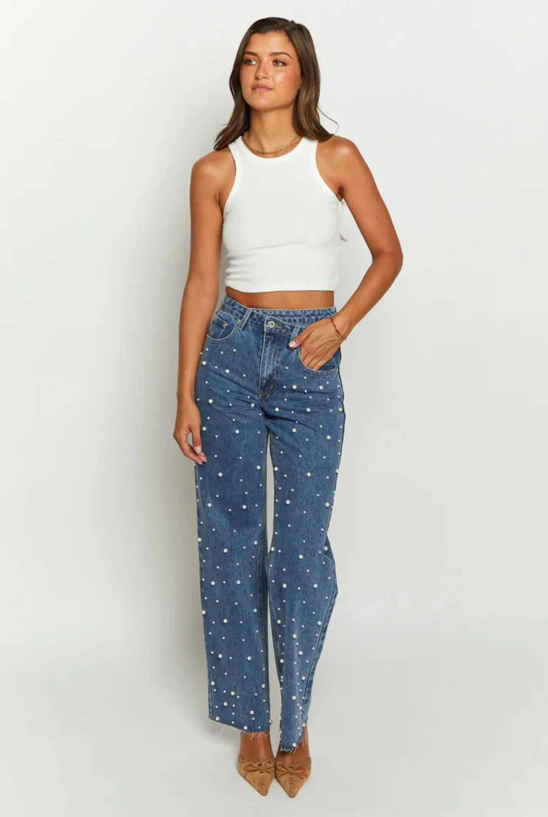 Beate® | Women'S High Waist Beaded Jeans Cargo