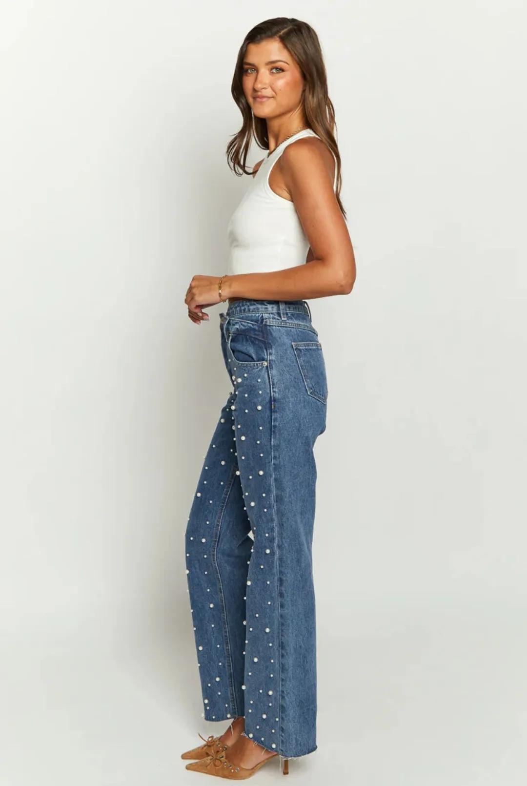 Beate® | Women'S High Waist Beaded Jeans Cargo