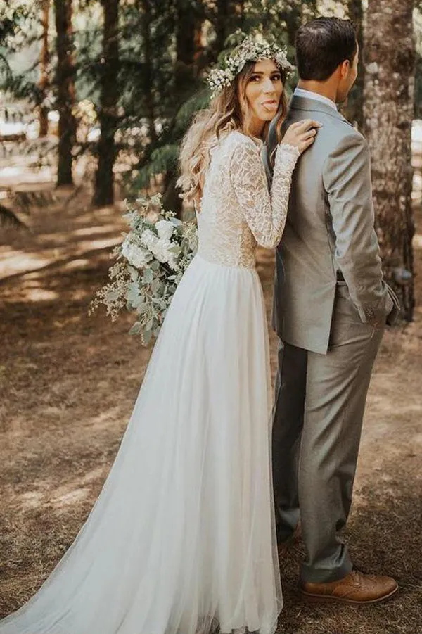Beautiful A-line Tulle Lace Long Sleeves Wedding Dresses, Bridal Gowns, MW590