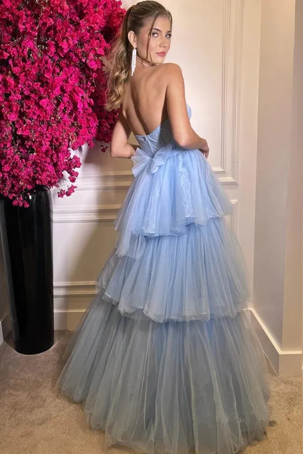 Beautiful Blue Tiered Tulle A-line Floor Length Sweetheart Prom Dresses, MP769