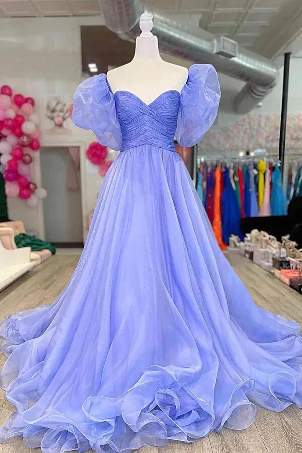 Beautiful Tulle A-line Blue Puff Sleeves Long Prom Dress, Evening Dress, MP765