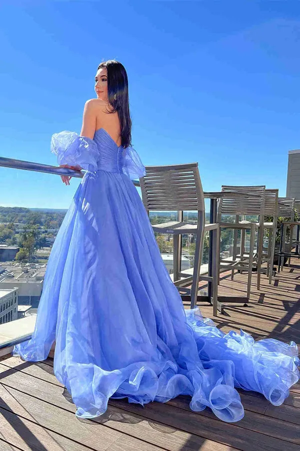 Beautiful Tulle A-line Blue Puff Sleeves Long Prom Dress, Evening Dress, MP765