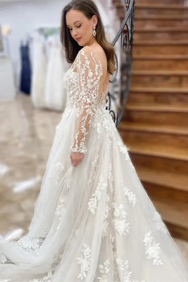 Beautiful Tulle A-line Long Sleeves Wedding Dresses With Lace Appliques, MW823