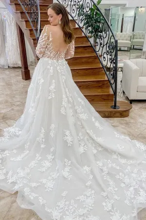 Beautiful Tulle A-line Long Sleeves Wedding Dresses With Lace Appliques, MW823