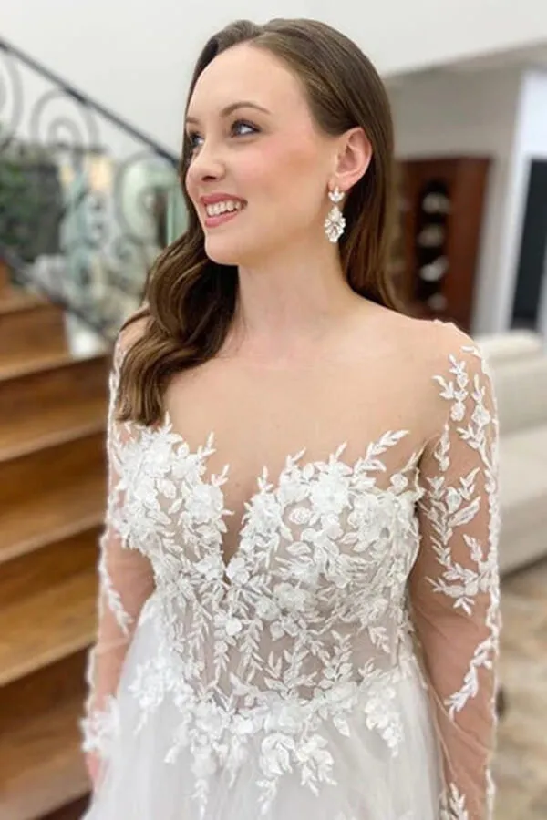 Beautiful Tulle A-line Long Sleeves Wedding Dresses With Lace Appliques, MW823