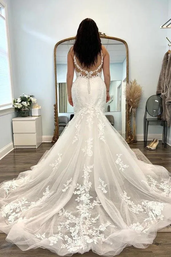 Beautiful Tulle Mermaid V-neck Lace Appliques Wedding Dresses, Bridal Gowns, MW887