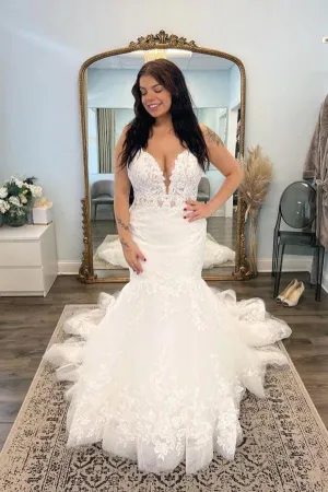 Beautiful Tulle Mermaid V-neck Lace Appliques Wedding Dresses, Bridal Gowns, MW887