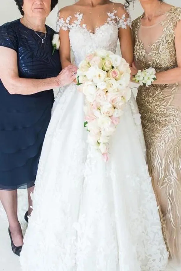 Beautiful White Lace A-line Illusion Neck Wedding Dresses, Bridal Gown, MW563
