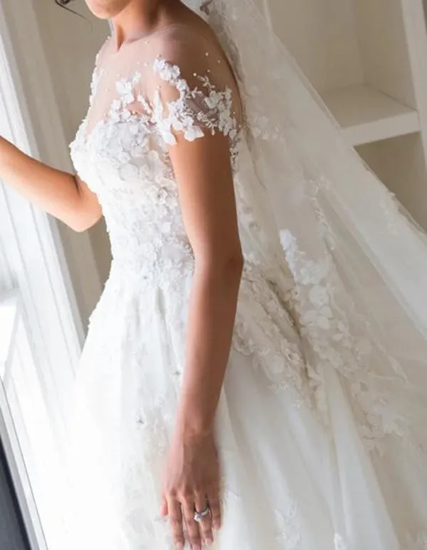 Beautiful White Lace A-line Illusion Neck Wedding Dresses, Bridal Gown, MW563