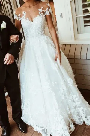 Beautiful White Lace A-line Illusion Neck Wedding Dresses, Bridal Gown, MW563
