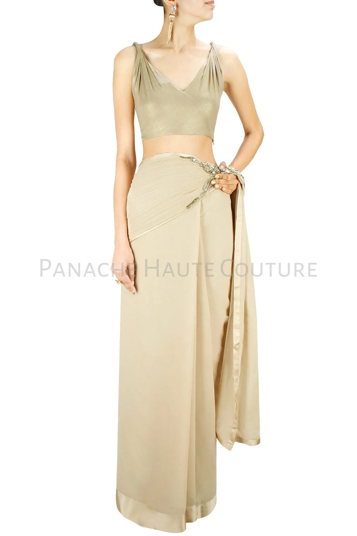 Beige Color Designer Saree Gown Online In Crepe Fabric
