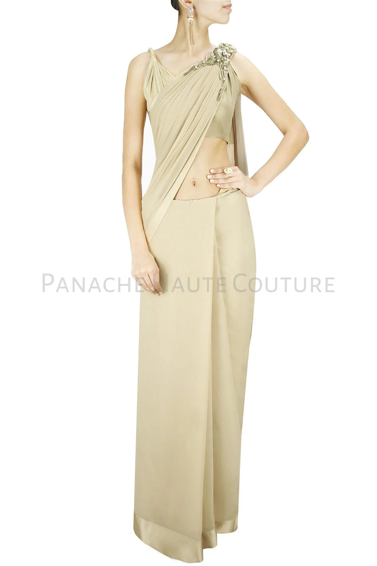 Beige Color Designer Saree Gown Online In Crepe Fabric