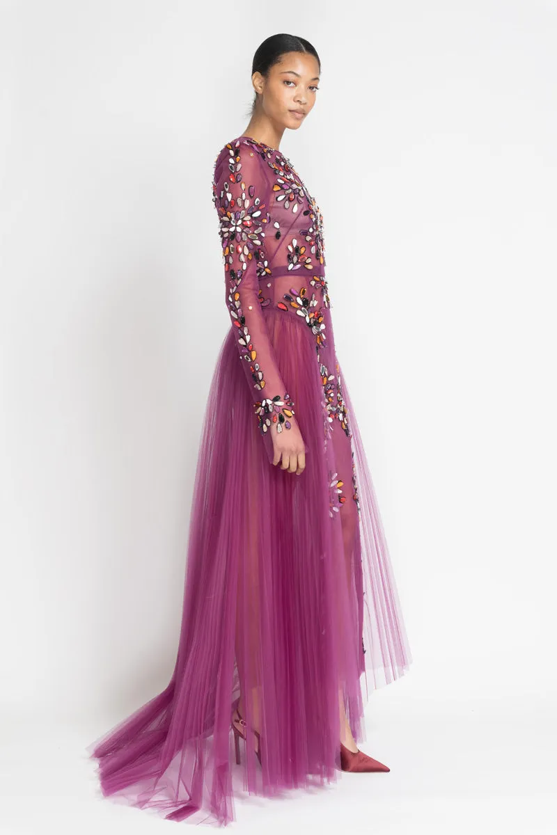 Berry Tulle Gown with Sashi Fire Embroidery and Pleated Train