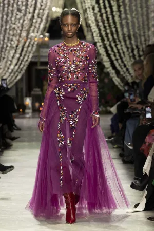 Berry Tulle Gown with Sashi Fire Embroidery and Pleated Train