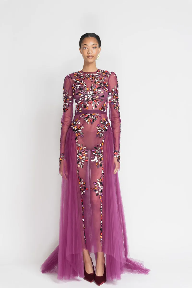Berry Tulle Gown with Sashi Fire Embroidery and Pleated Train