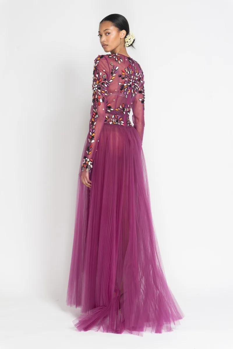 Berry Tulle Gown with Sashi Fire Embroidery and Pleated Train
