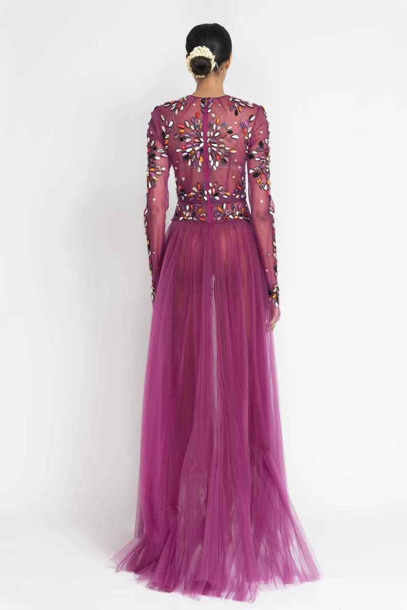 Berry Tulle Gown with Sashi Fire Embroidery and Pleated Train