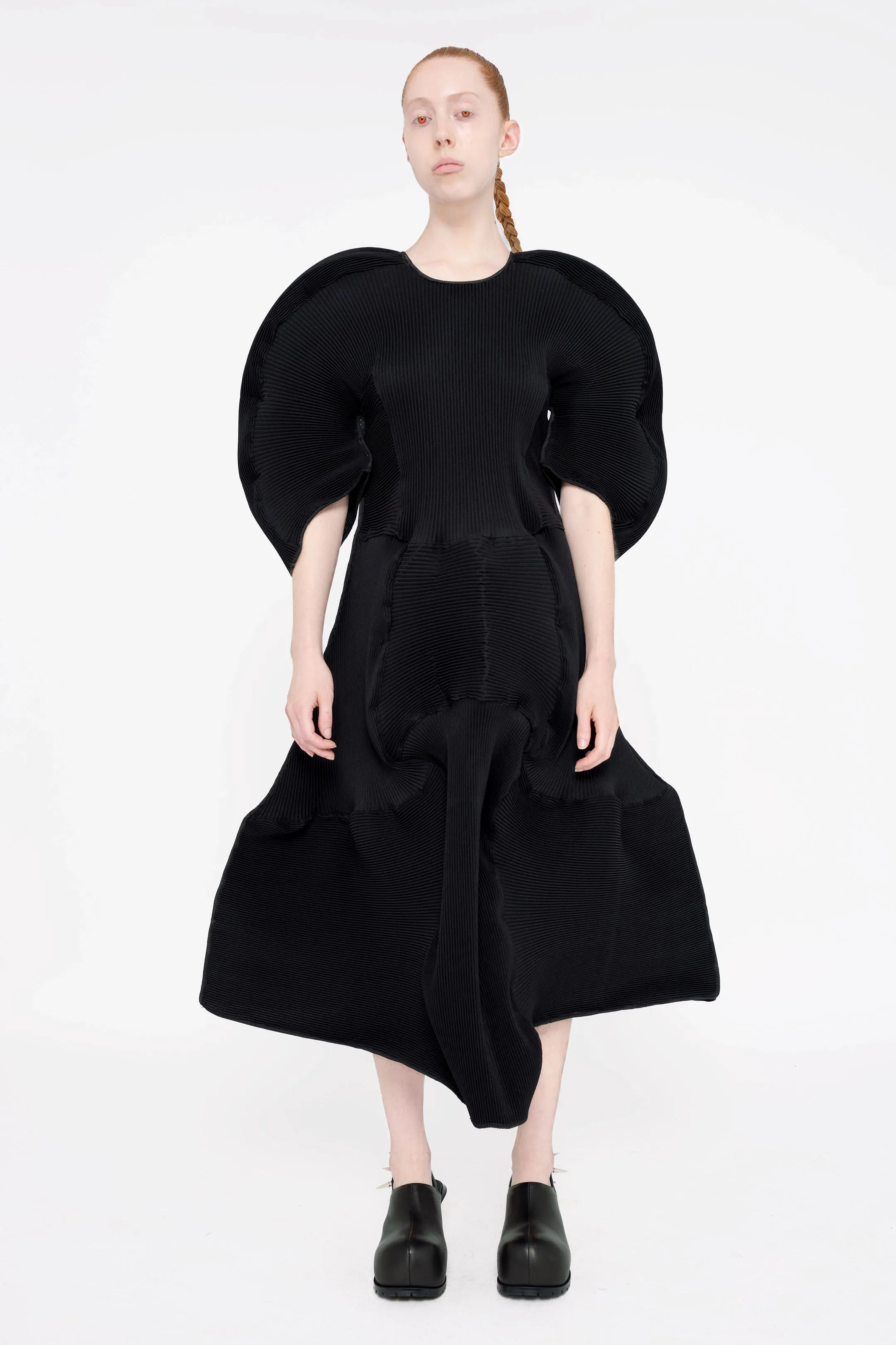 BLACK BIG SLEEVE WAFFLE DRESS