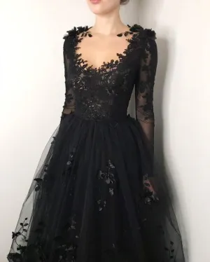 Black floral gothic wedding dress, black flower tulle lace dress, alternative bridal gown prom dress long formal gowns      fg365