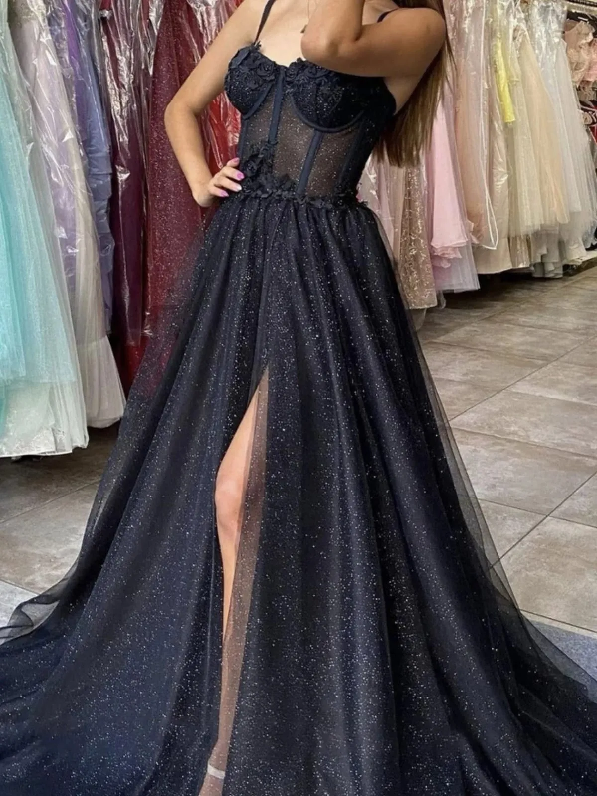 Black Glitter Illusion Corset Straps A-line Split Tulle Wedding Dress