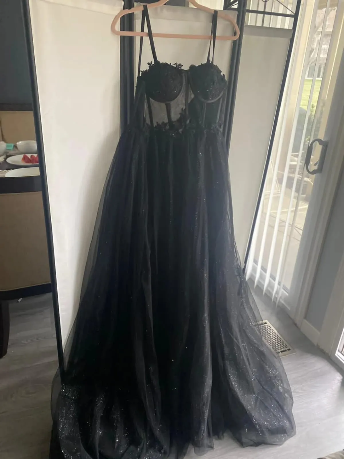 Black Glitter Illusion Corset Straps A-line Split Tulle Wedding Dress