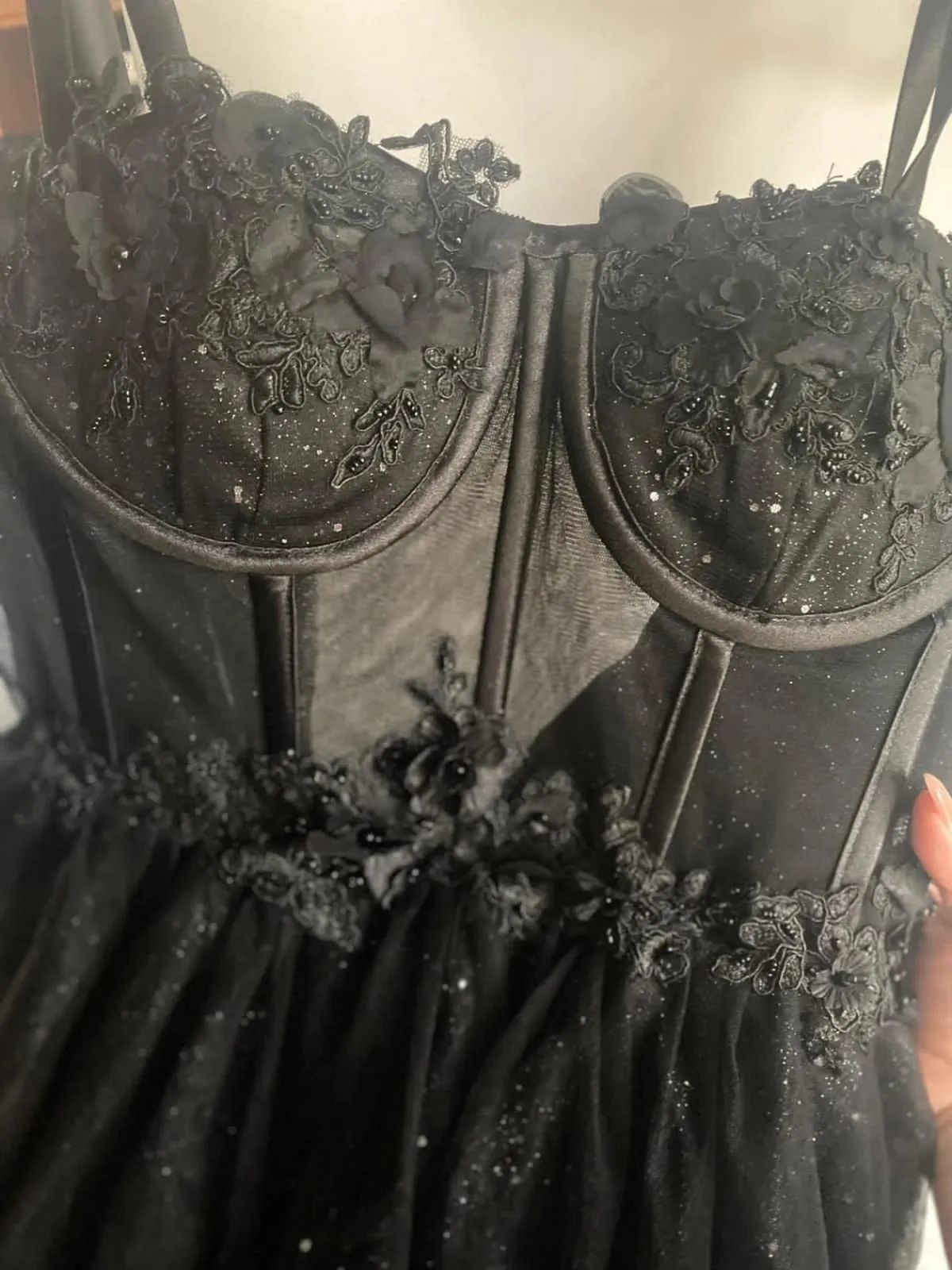 Black Glitter Illusion Corset Straps A-line Split Tulle Wedding Dress