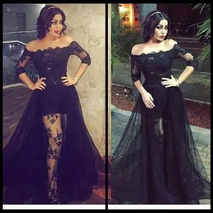 black lace prom dresses robe de soiree 2021 arabic style boat neck sexy formal wear prom gown