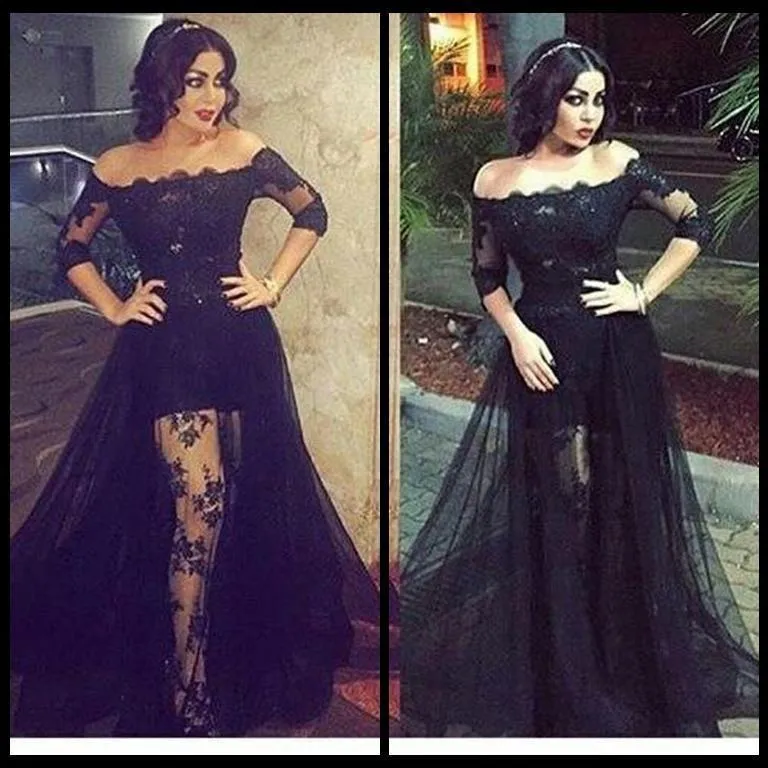 black lace prom dresses robe de soiree 2021 arabic style boat neck sexy formal wear prom gown