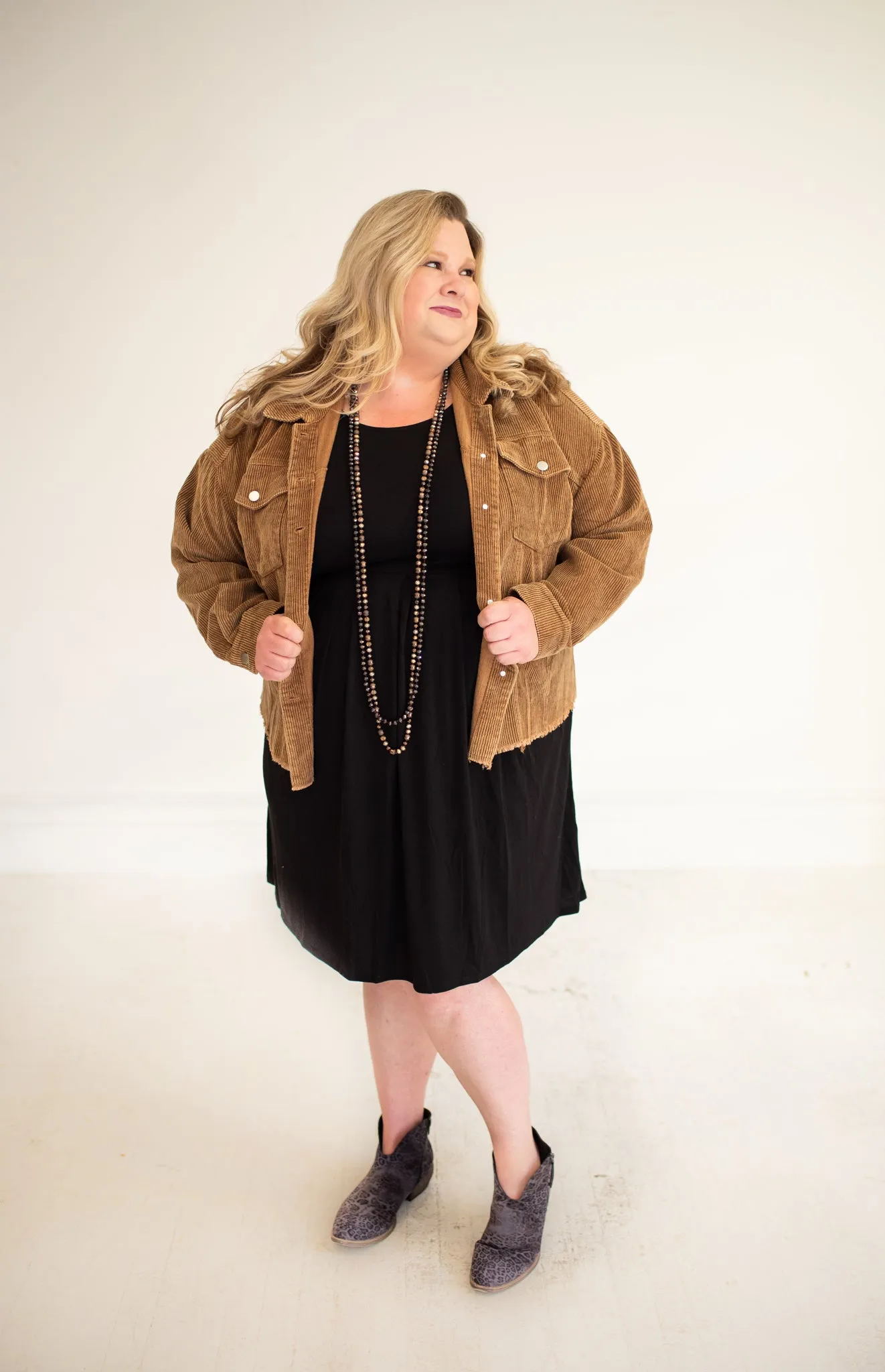 Black L/S Pleated Dress with Side Pockets