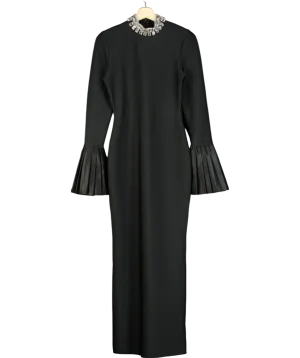 Black Rhinestone Neck Pleated Cuff Maxi Dress UK S