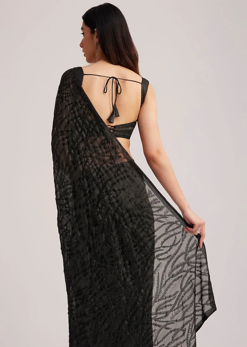 Black Satin Saree With Overall Stone Embellishment