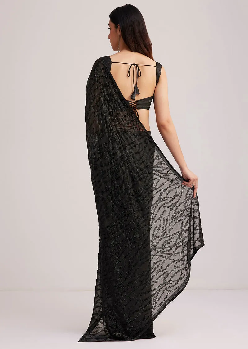 Black Satin Saree With Overall Stone Embellishment
