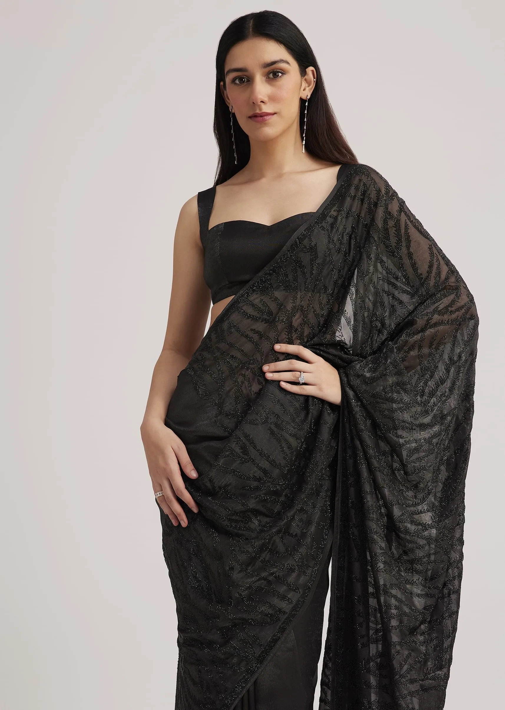 Black Satin Saree With Overall Stone Embellishment