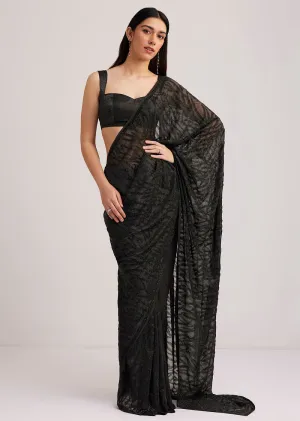 Black Satin Saree With Overall Stone Embellishment