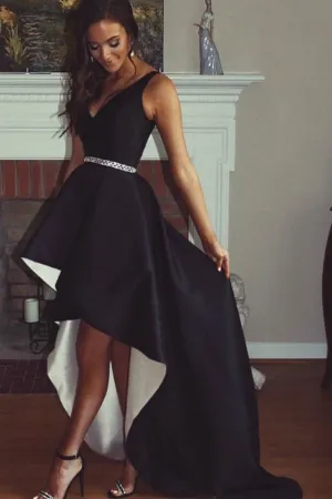 Black Satin V-neck Hi-lo Prom Dresses with Beaded Belt Sash
