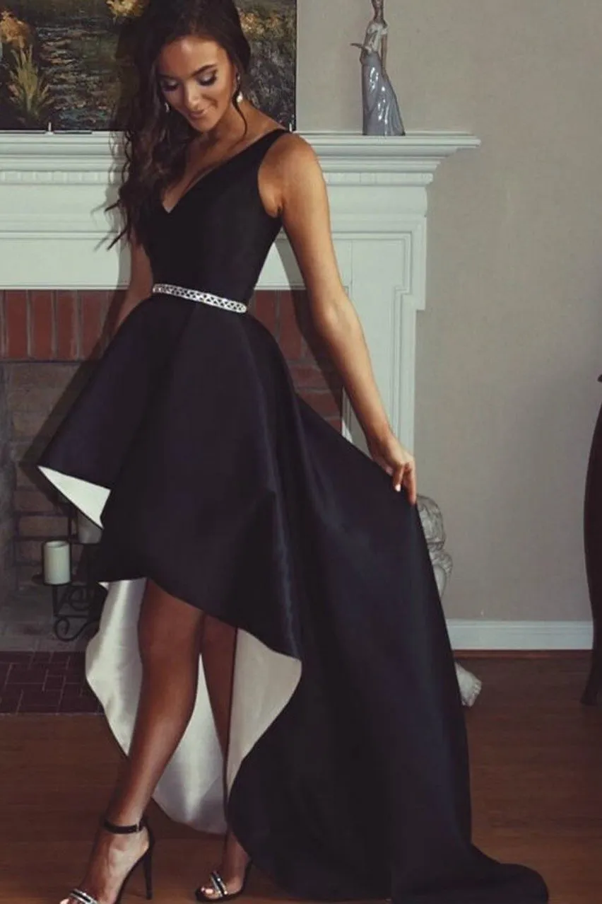 Black Satin V-neck Hi-lo Prom Dresses with Beaded Belt Sash