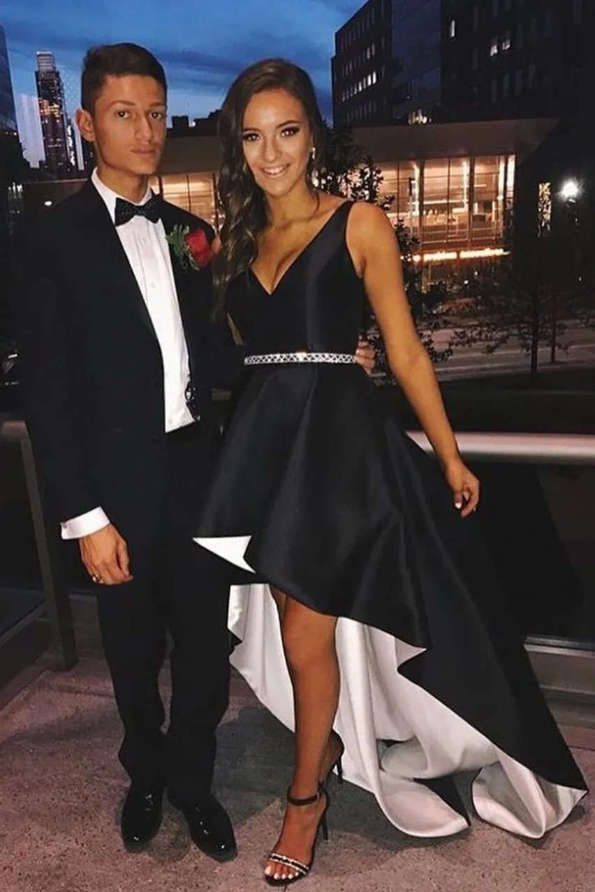 Black Satin V-neck Hi-lo Prom Dresses with Beaded Belt Sash