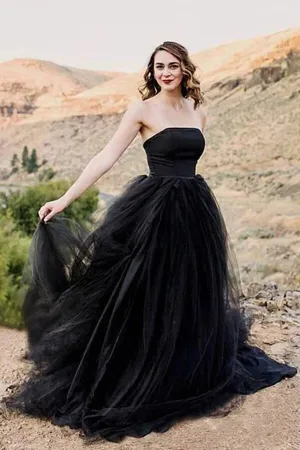 Black Tulle A-line Strapless Wedding Dresses With Train, Bridal Gown, MW996