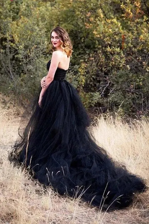 Black Tulle A-line Strapless Wedding Dresses With Train, Bridal Gown, MW996