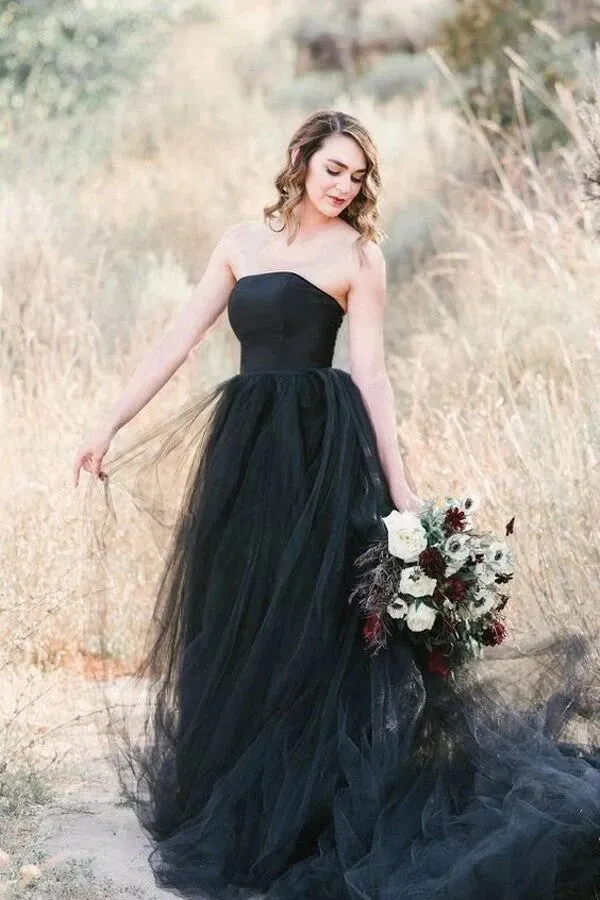 Black Tulle A-line Strapless Wedding Dresses With Train, Bridal Gown, MW996