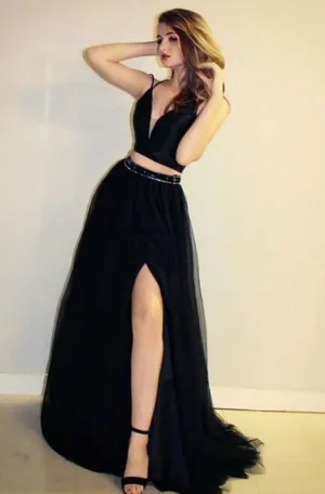 Black Two Piece Prom Dresses Tulle Skirt High Slit Side