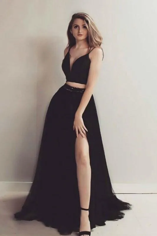 Black Two Piece Prom Dresses Tulle Skirt High Slit Side