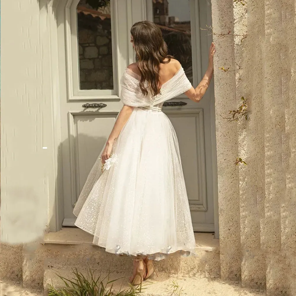 Bling Glittter Boho Wedding Dresses For Women Sweetheaart Tulle Point Net Tulle Beach Short Bridal Gown Cheap Civil