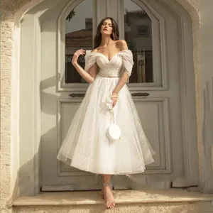 Bling Glittter Boho Wedding Dresses For Women Sweetheaart Tulle Point Net Tulle Beach Short Bridal Gown Cheap Civil