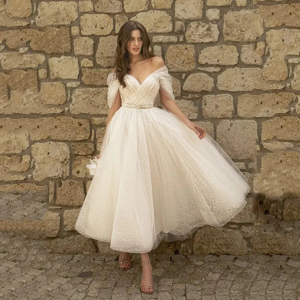 Bling Glittter Boho Wedding Dresses For Women Sweetheaart Tulle Point Net Tulle Beach Short Bridal Gown Cheap Civil